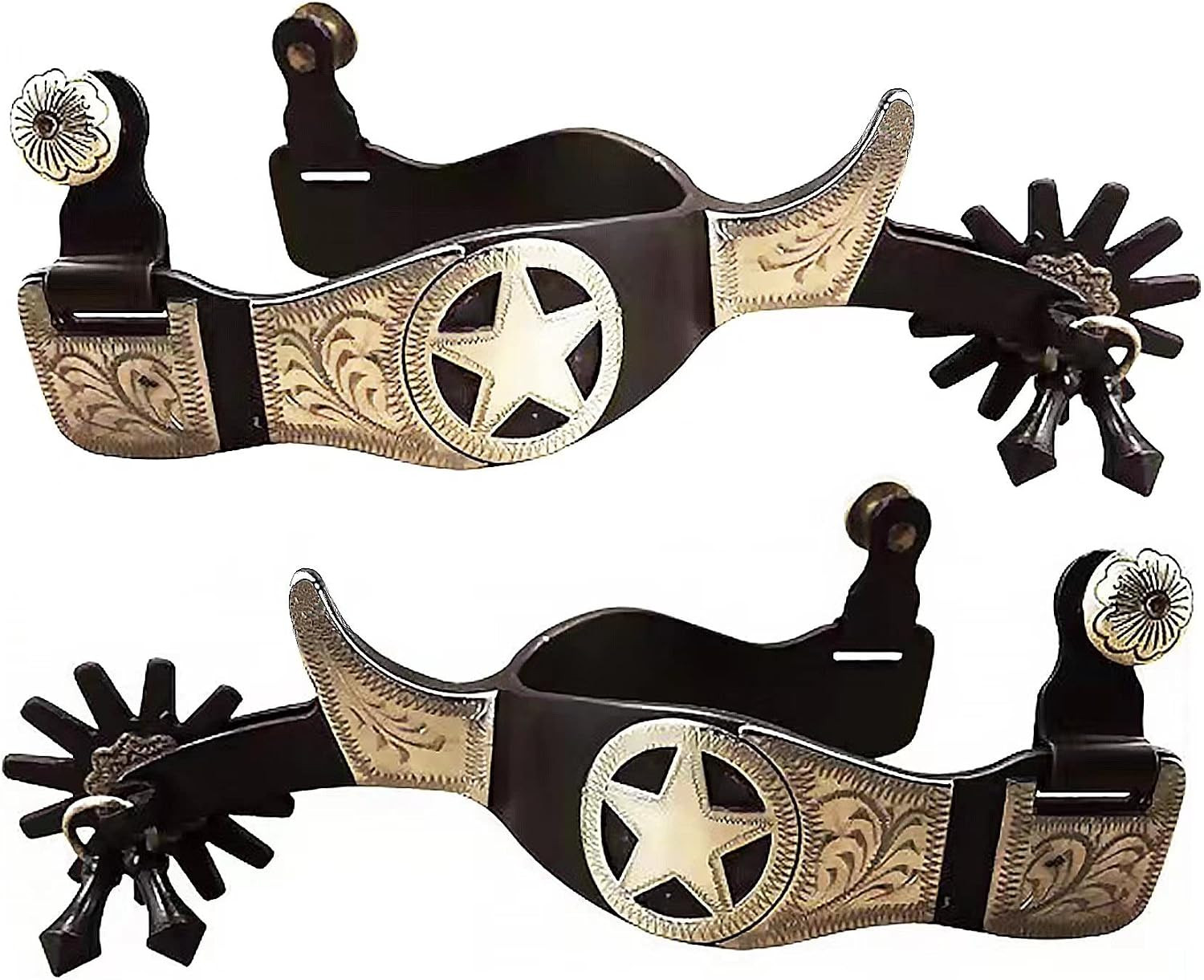 Western Antiqued Spurs with Silver Engraved Trims Rowel Jingle Bobs
