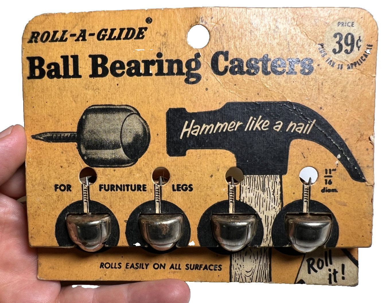 NOS Roll-A-Glide Ball Bearing Furniture Casters Complete Display Card 1950s