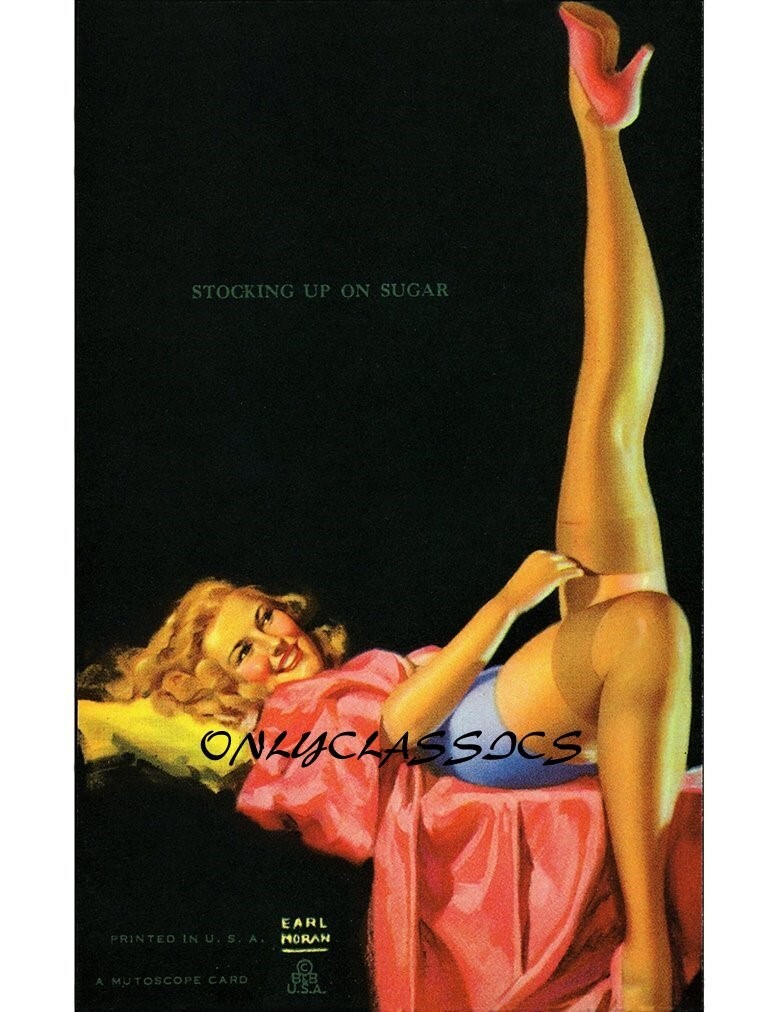 1945 Earl Moran Sexy Leg Show Sexy PinUp Stocking Up On Sugar Cheesecake Beauty