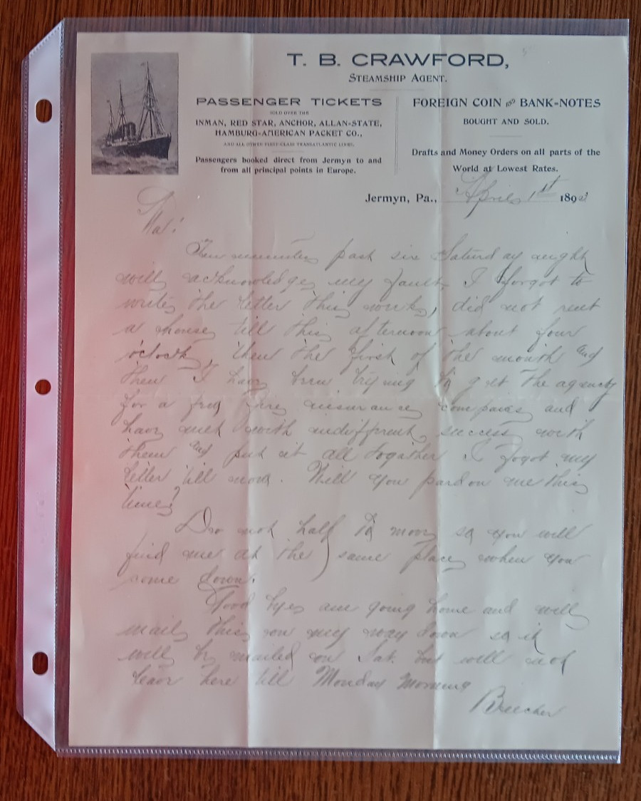 1893 T.B. Crawford Steamship Agent Red Star Line Jermyn PA Letterhead