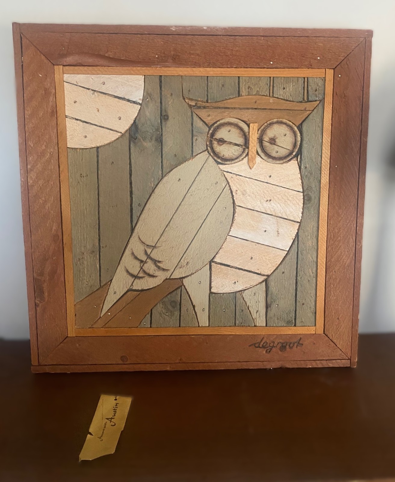 1970’s Theodore Degroot Wood Lath folk Primitive wall Art Austin OWL Moon MOD