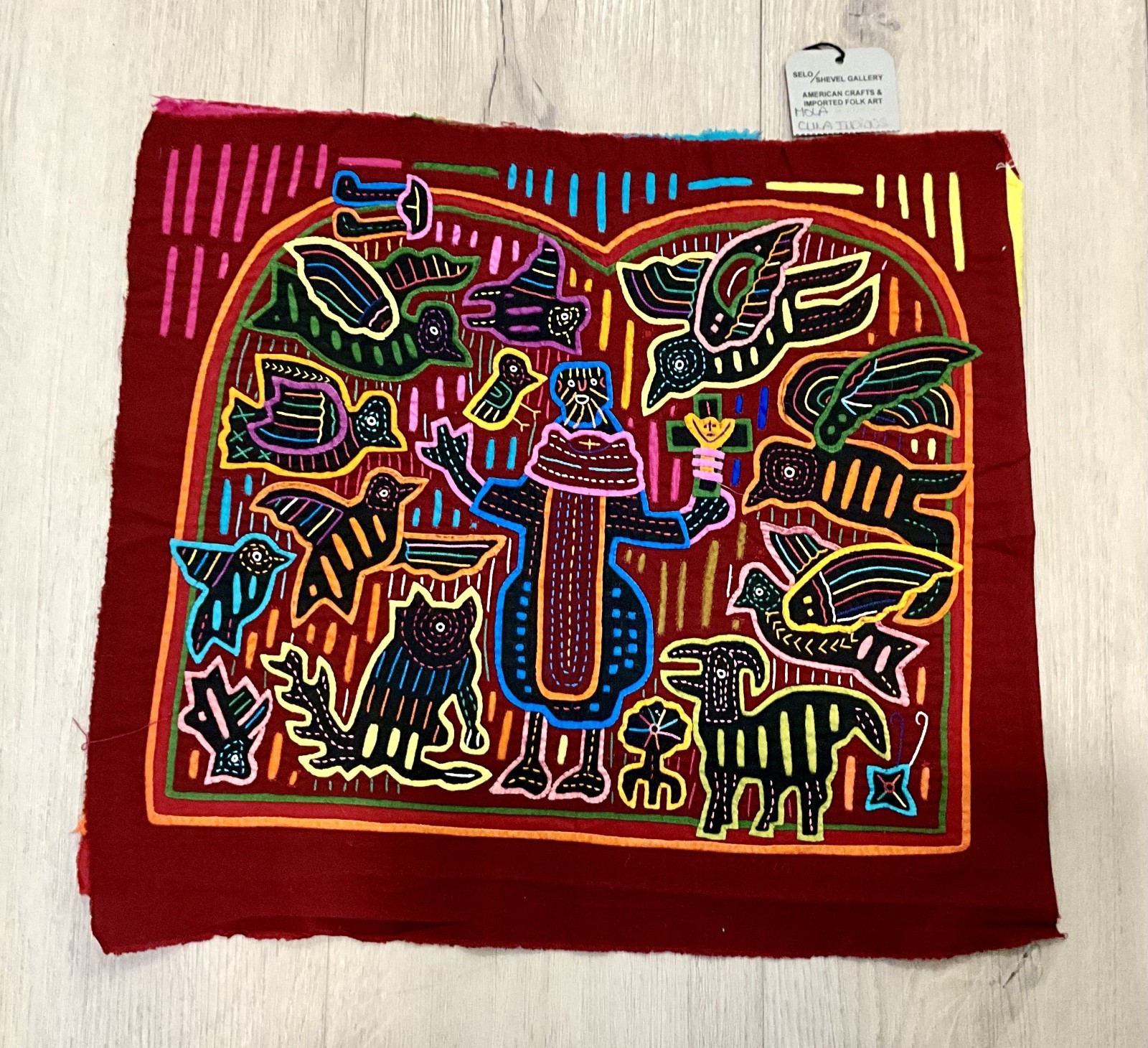 Vintage Guna Kuna Mola Panama Birds Animal Fiqure Folk Art Red Multi Gallery NWT