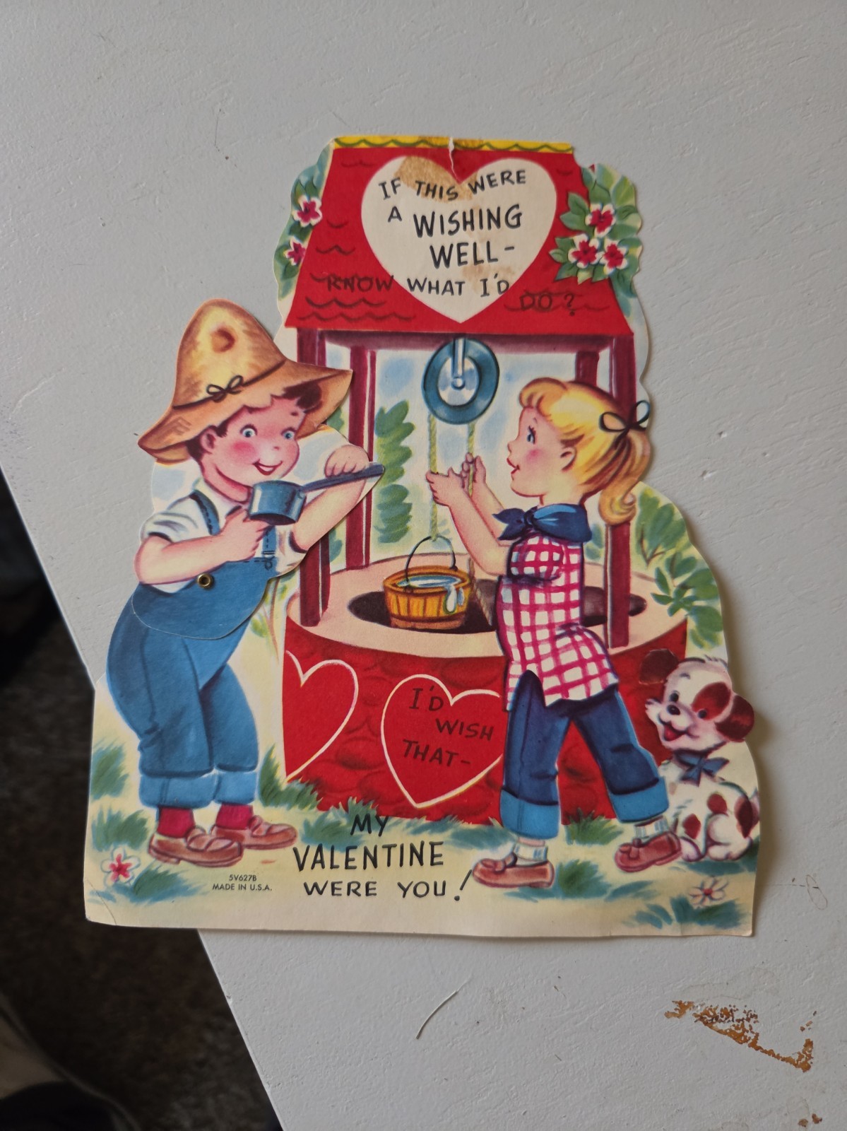 Vintage Valentine\'s Day Card Mechanical Wishing Well Moveable Country Couple