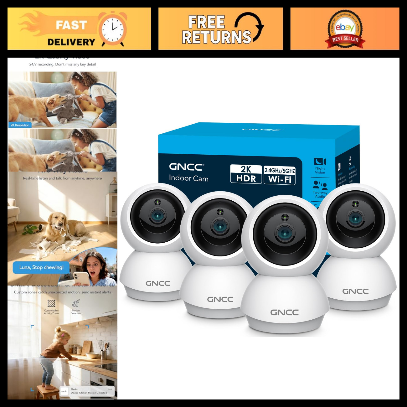 GNCC Cameras for Home Security 5Ghz WiFi Indoor Camera with 360°PTZ, 4 Pack