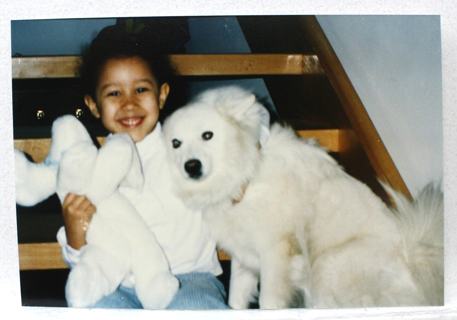 Vtg 1990s Found Photo Cute Girl Smiling with White Fluffy Dog & Stuffed Animal