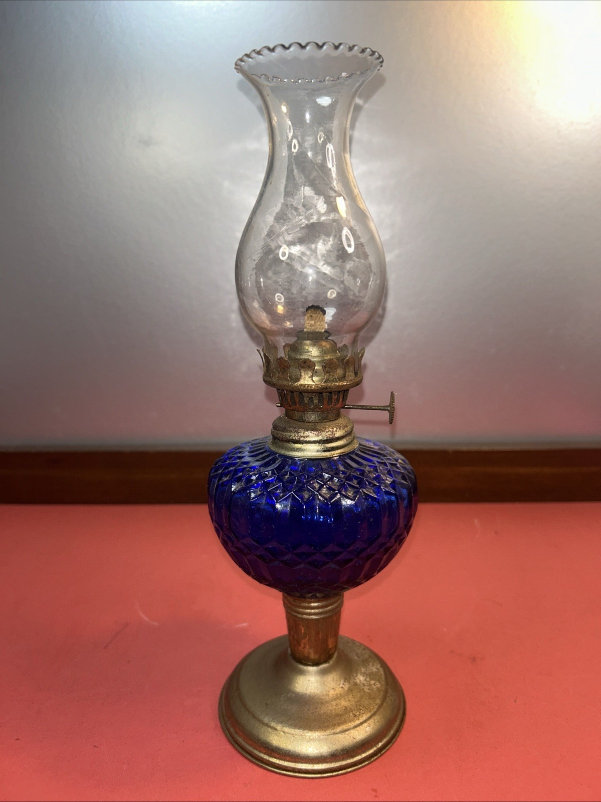 Vintage Cobalt Blue Oil Lamp 11” 1/2 Tall Decorative Preowned Used