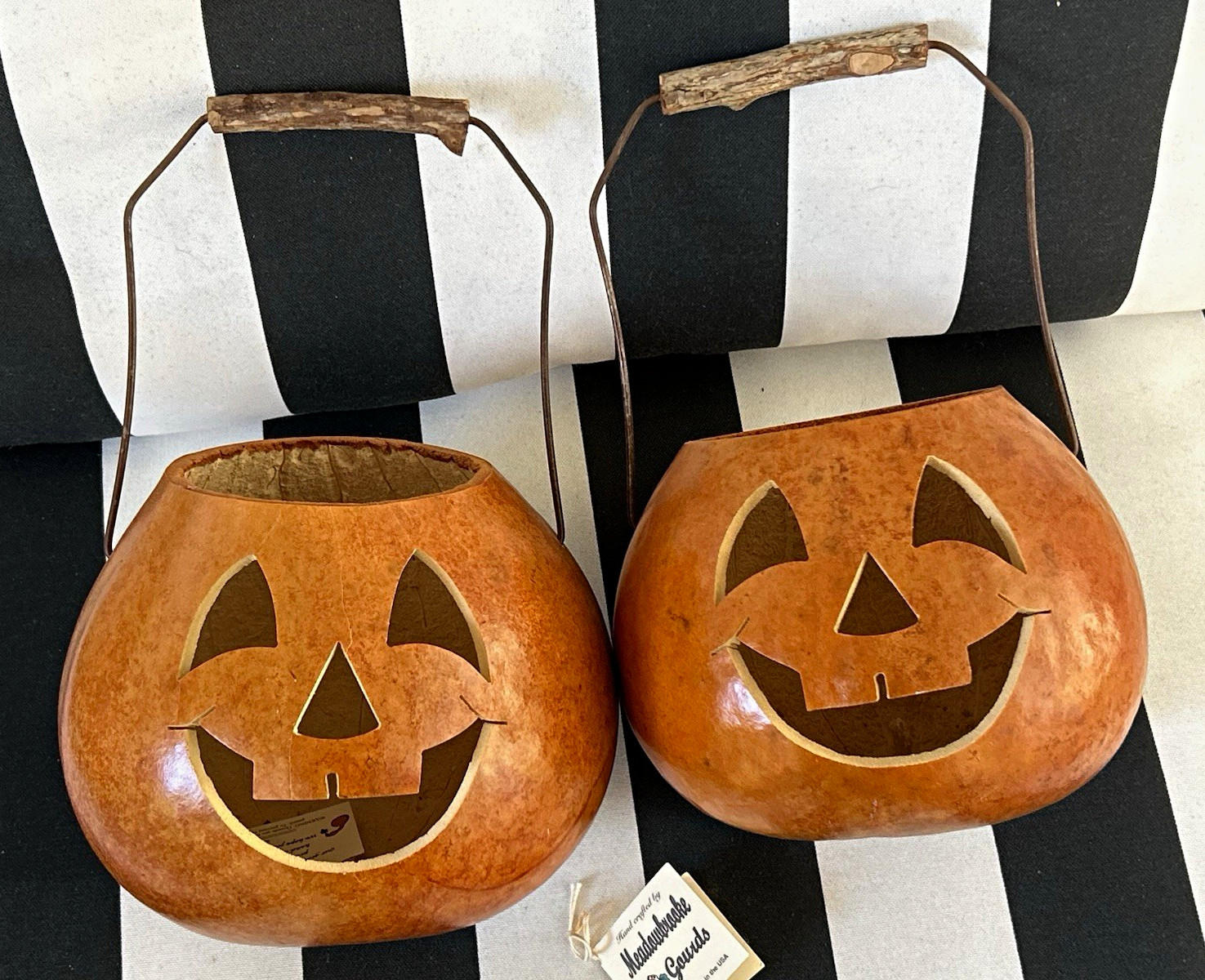 Meadowbrooke Gourds set of 2 Jack-o\'-Lantern Pumpkins w/ Handles Halloween
