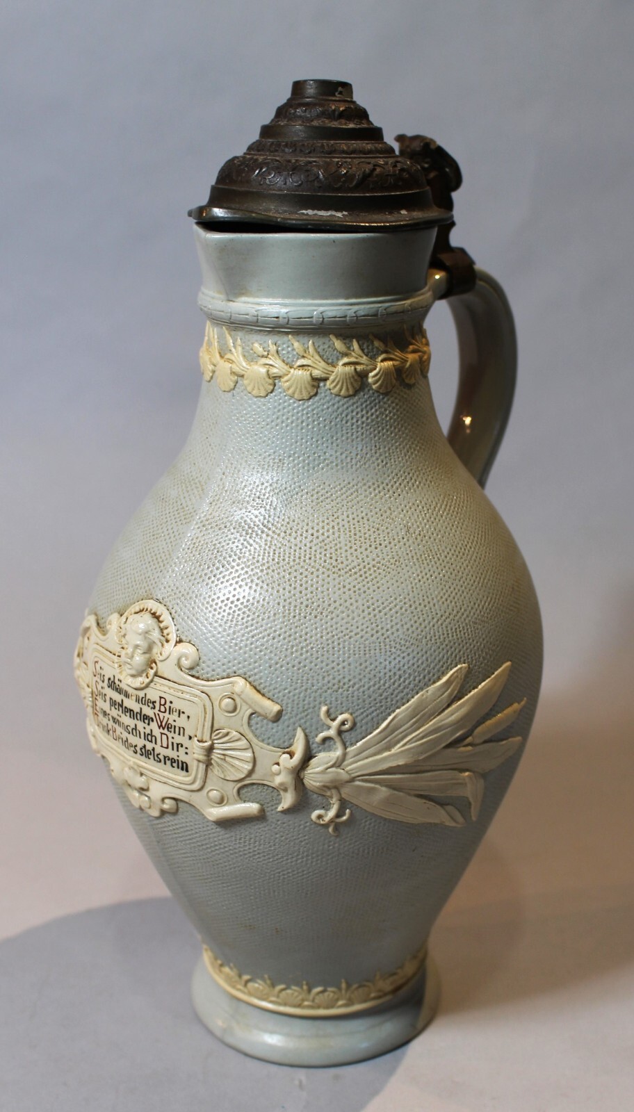 V & B Mettlach Relief Decorated 2 Liter Beer Stein Pitcher with Pewter Lid 1897