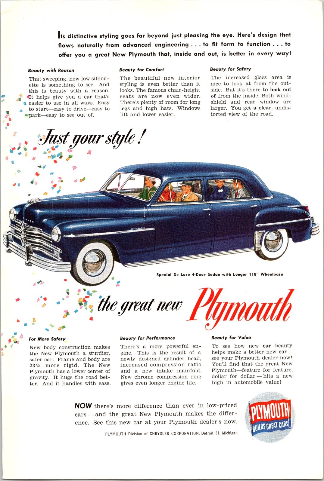 PRINT AD 1950 1951 Plymouth Special De Luxe 4 Door Sedan Blue 6.5 x 10