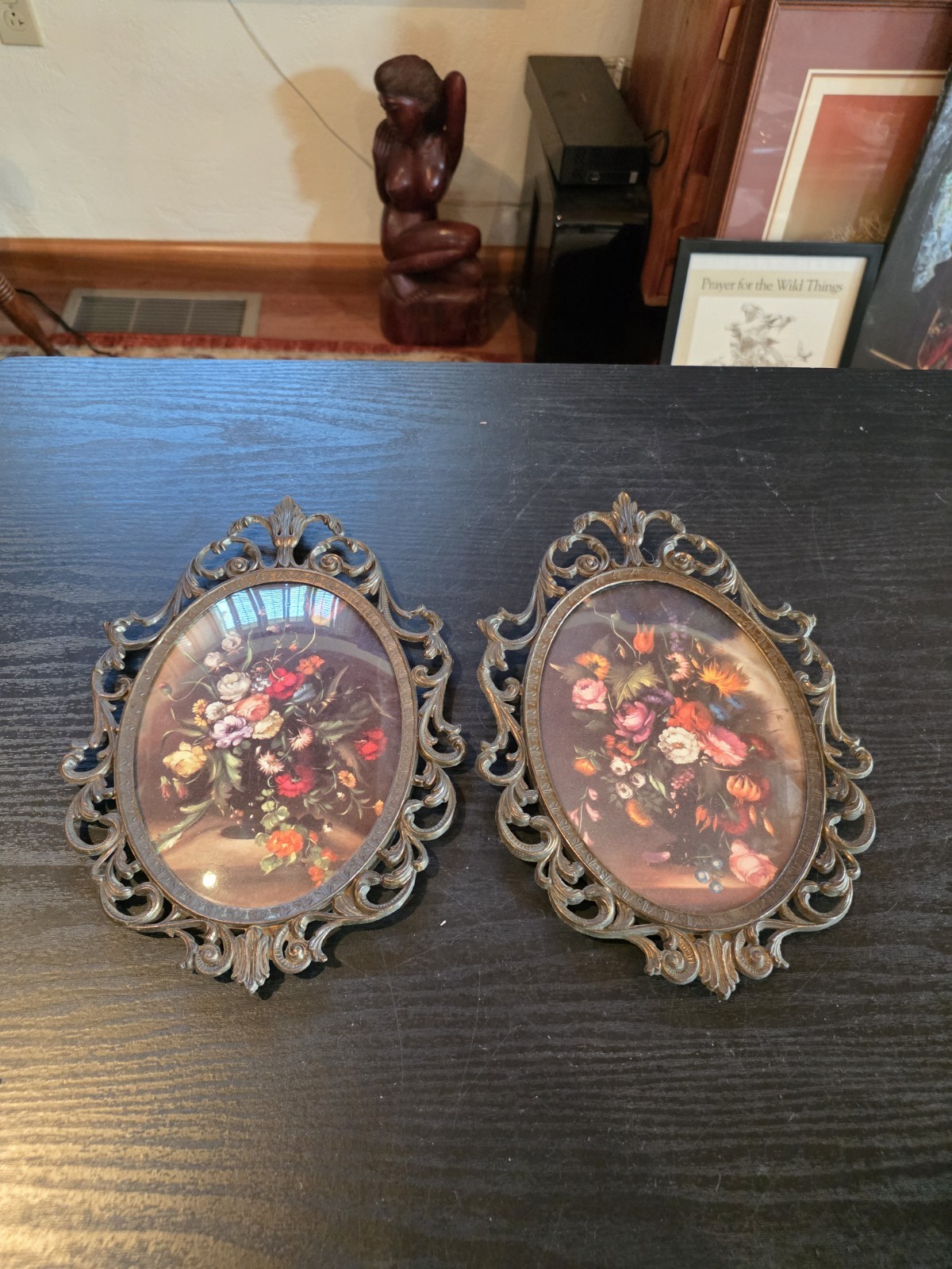 Vintage Victorian Ornate Brass Frames Convex Bubble Glass Floral Italy Set of 2