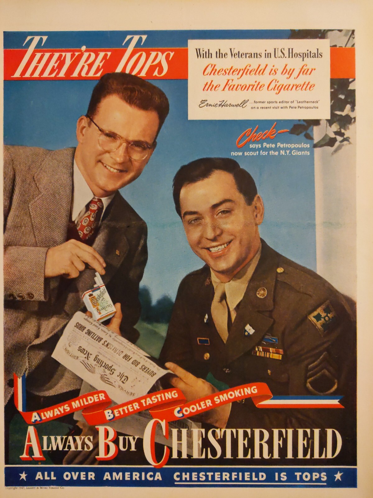 1947 vintage Chesterfield cigarette print ad, Ernie Harwell 