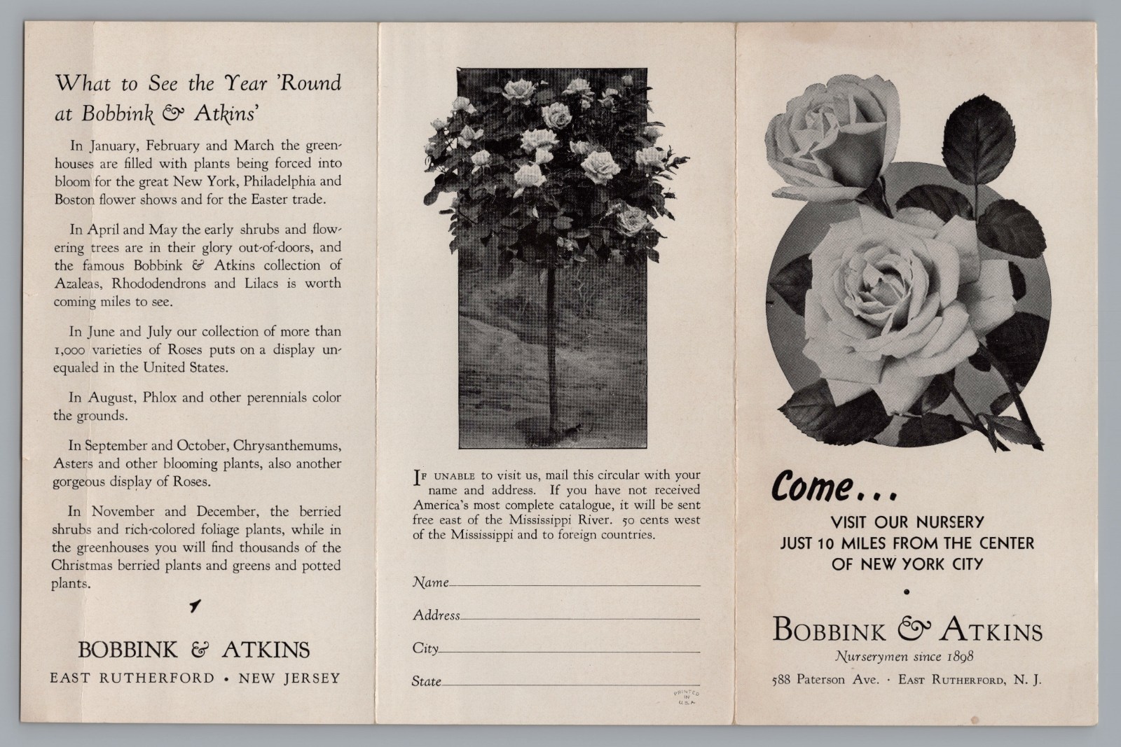 1925 Vintage Bobbink & Atkins Nursery Pamphlet Clifton New Jersey Roses NJ