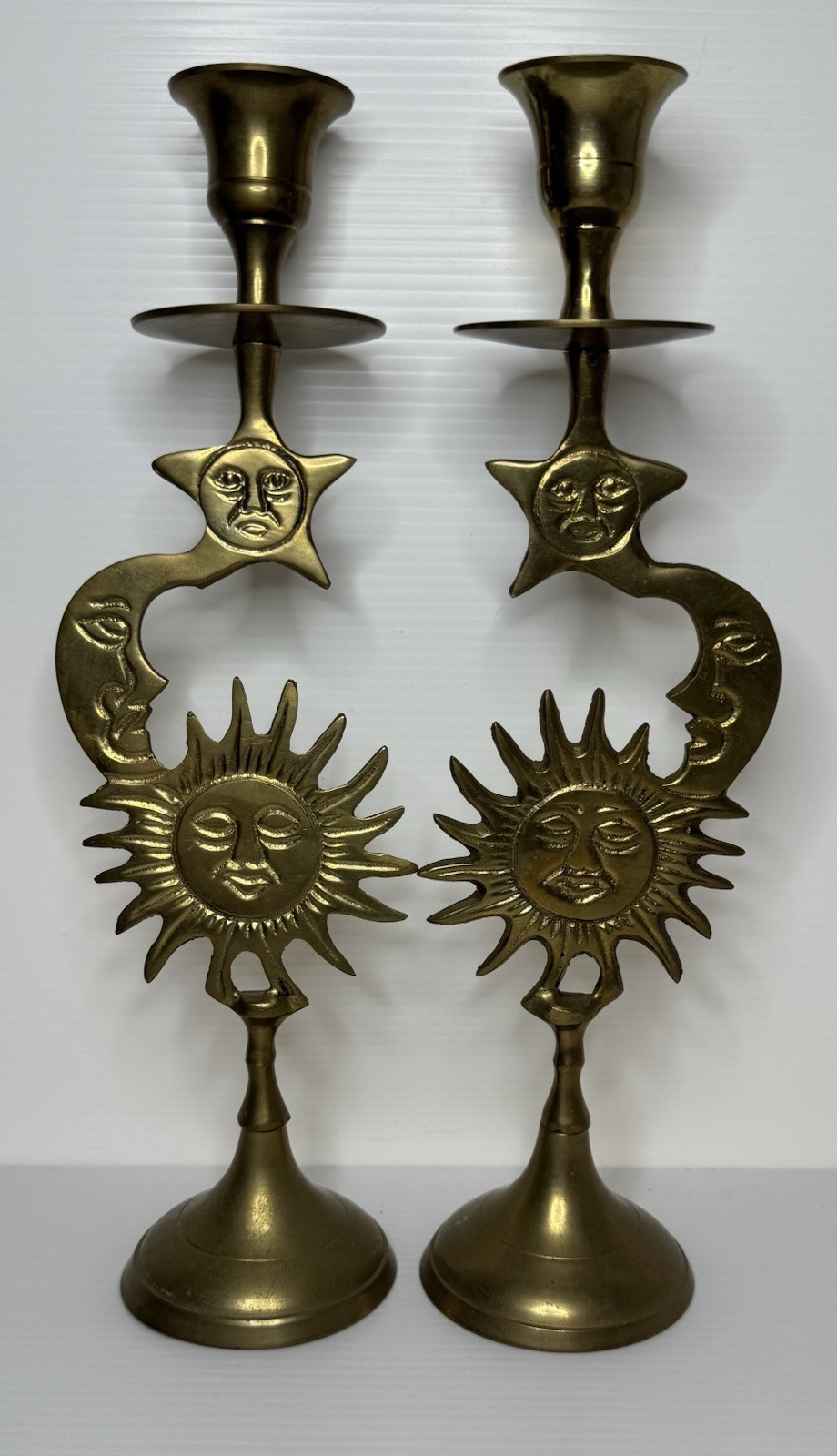 Vintage 90s Brass Sun Moon Stars Celestial Candle Holder Tapered Candlestick 10”