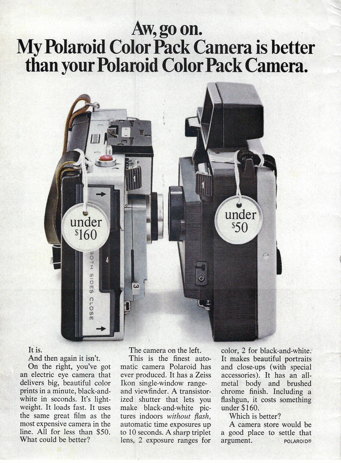 1967 Polaroid Color Pack Camera Under $160 & Under $50 Vintage Print Ad/Poster