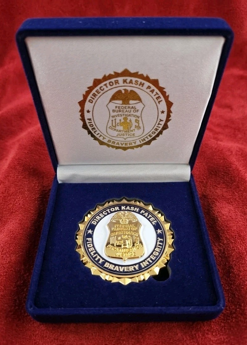 Rare Authentic Kash Patel FBI Director PRESENTATION BOX Challenge Coin Set