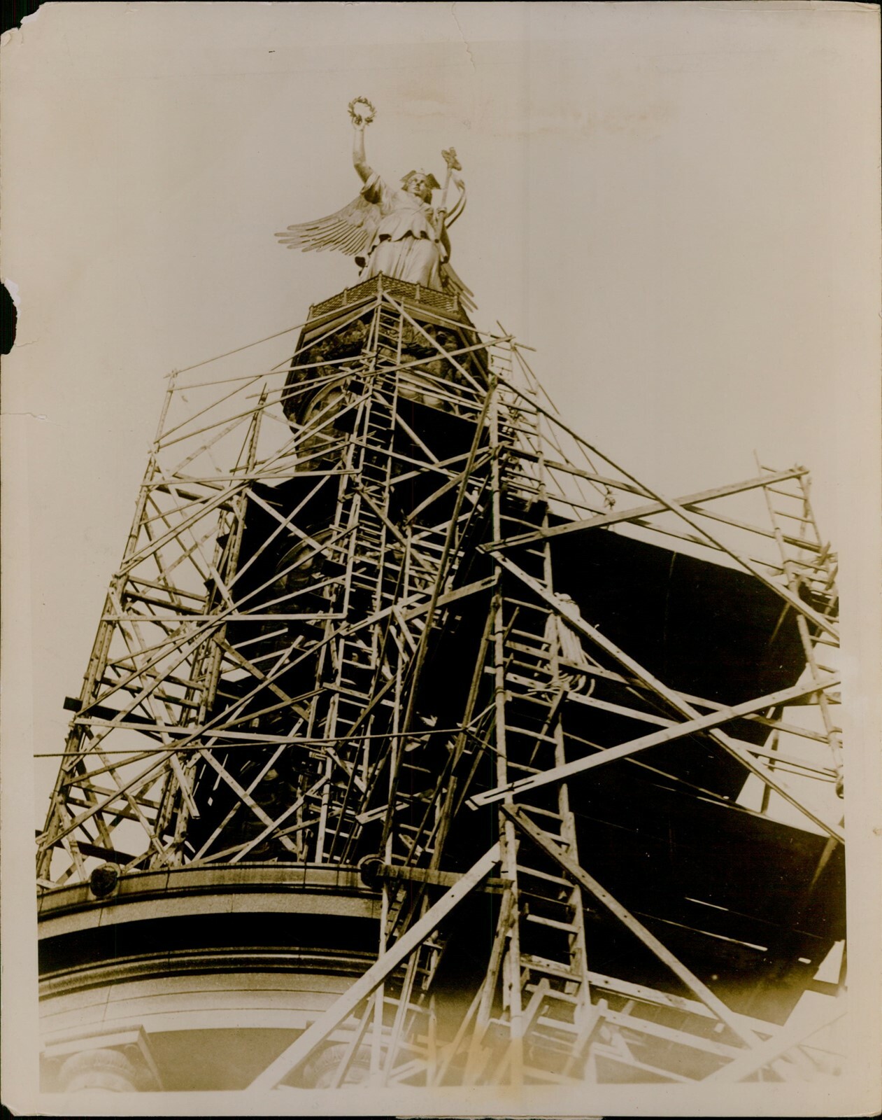 GA46 Original Underwood Photo ANGEL STATUE Construction Scaffold Historic Art