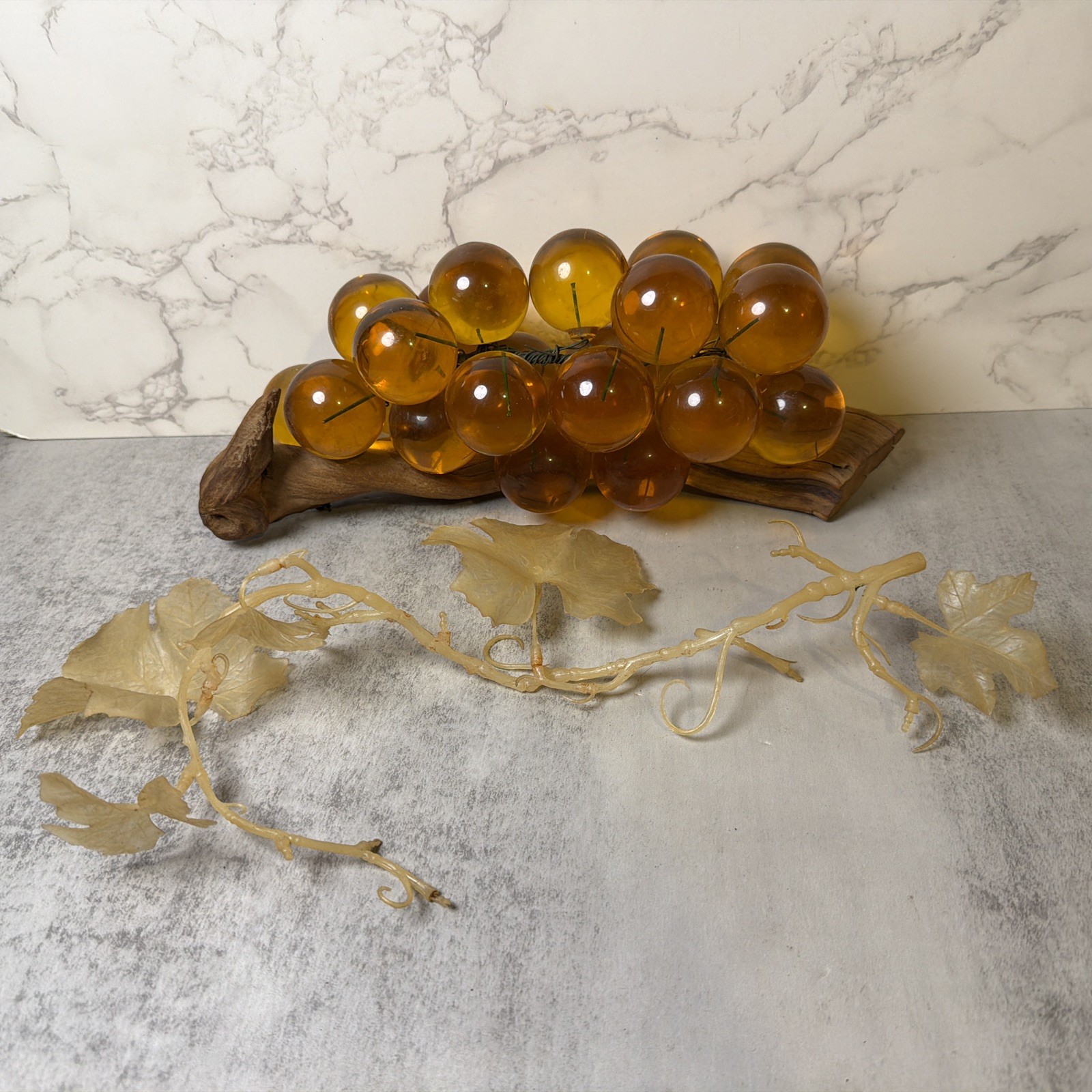 Vintage MCM Orange Amber Honey Large Lucite Cluster Of Grapes On Driftwood 12”