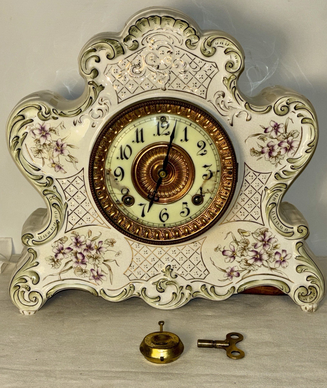 Antique Ansonia Dresden Royal Bonn Porcelain 8 Day Mantle Clock w Key & Pendulum