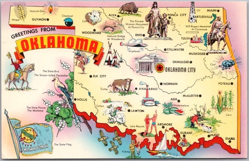 c1950s OKLAHOMA Map / Greetings Postcard w/ State Bird Flag & Flower - Tichnor