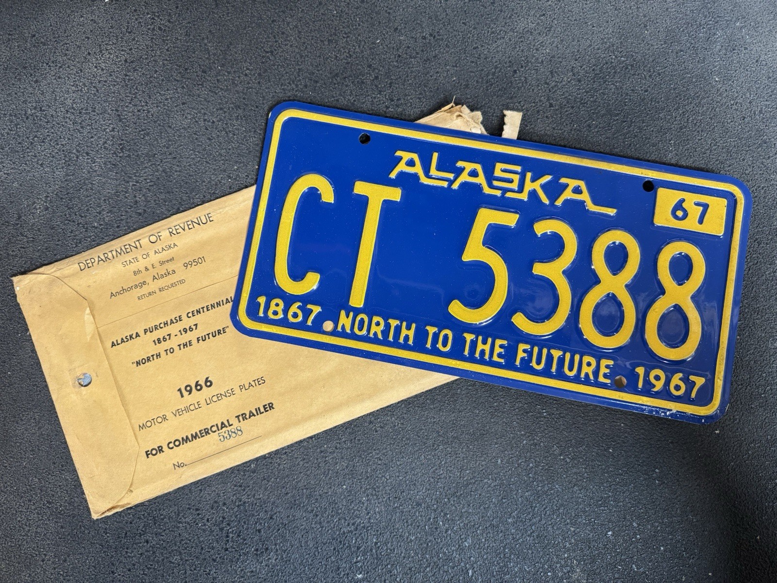 Alaska License Plate CT 5388 1967 Centennial Trailer w/ Orig 1966 Envelope NOS