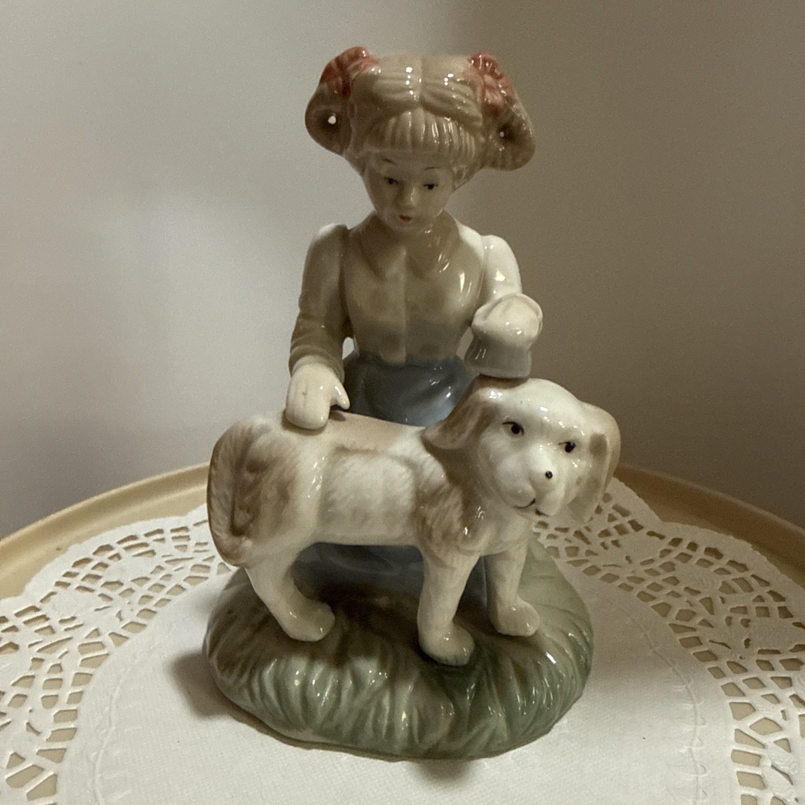 Vintage Porcelain Girl Brushing Dog Figurine USSR Style Russian Porcelain Look