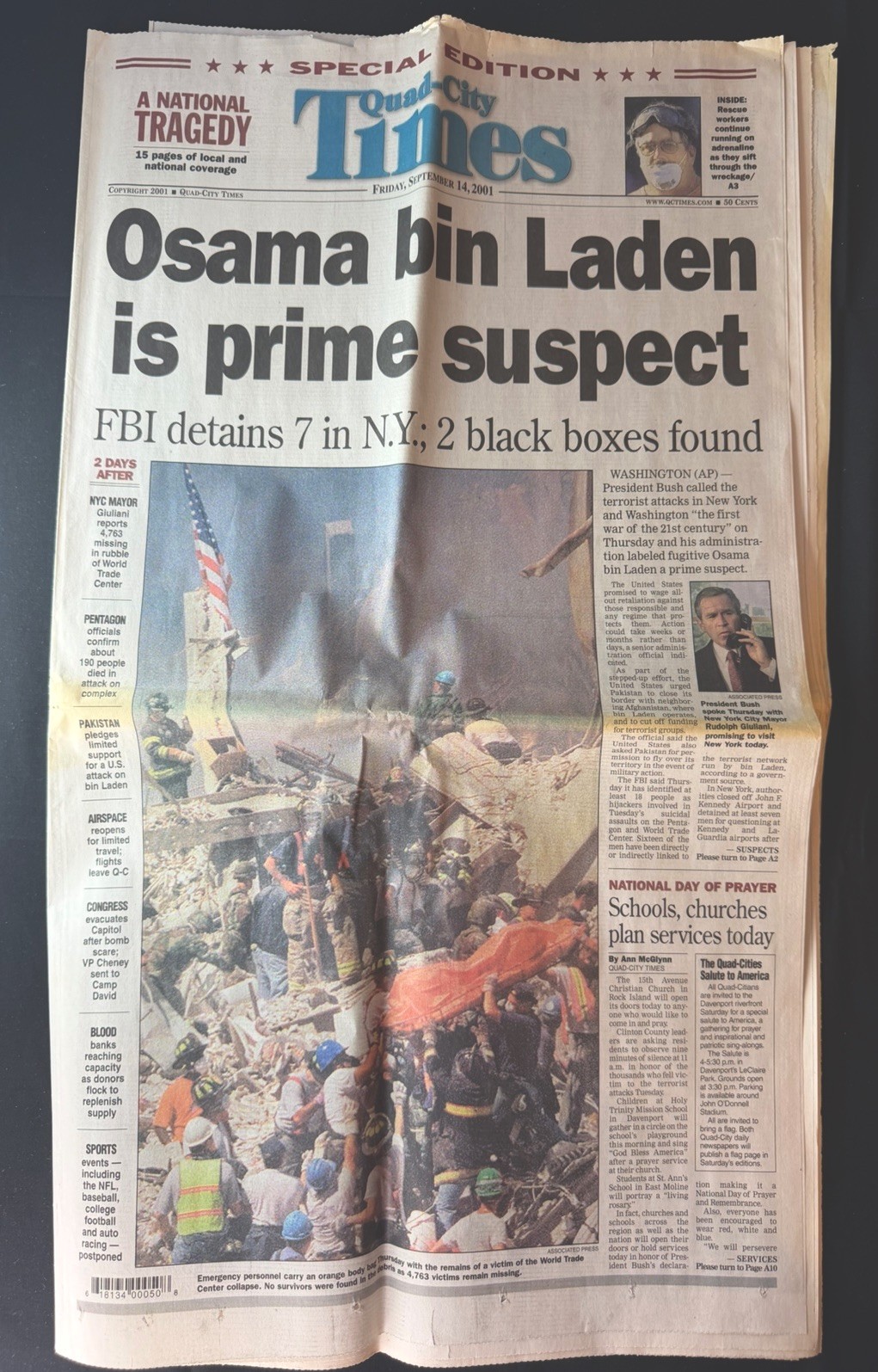 9/11 Newspaper Quad-City Times Sept 14 2001 Osama bin Laden Prime Suspect WTC