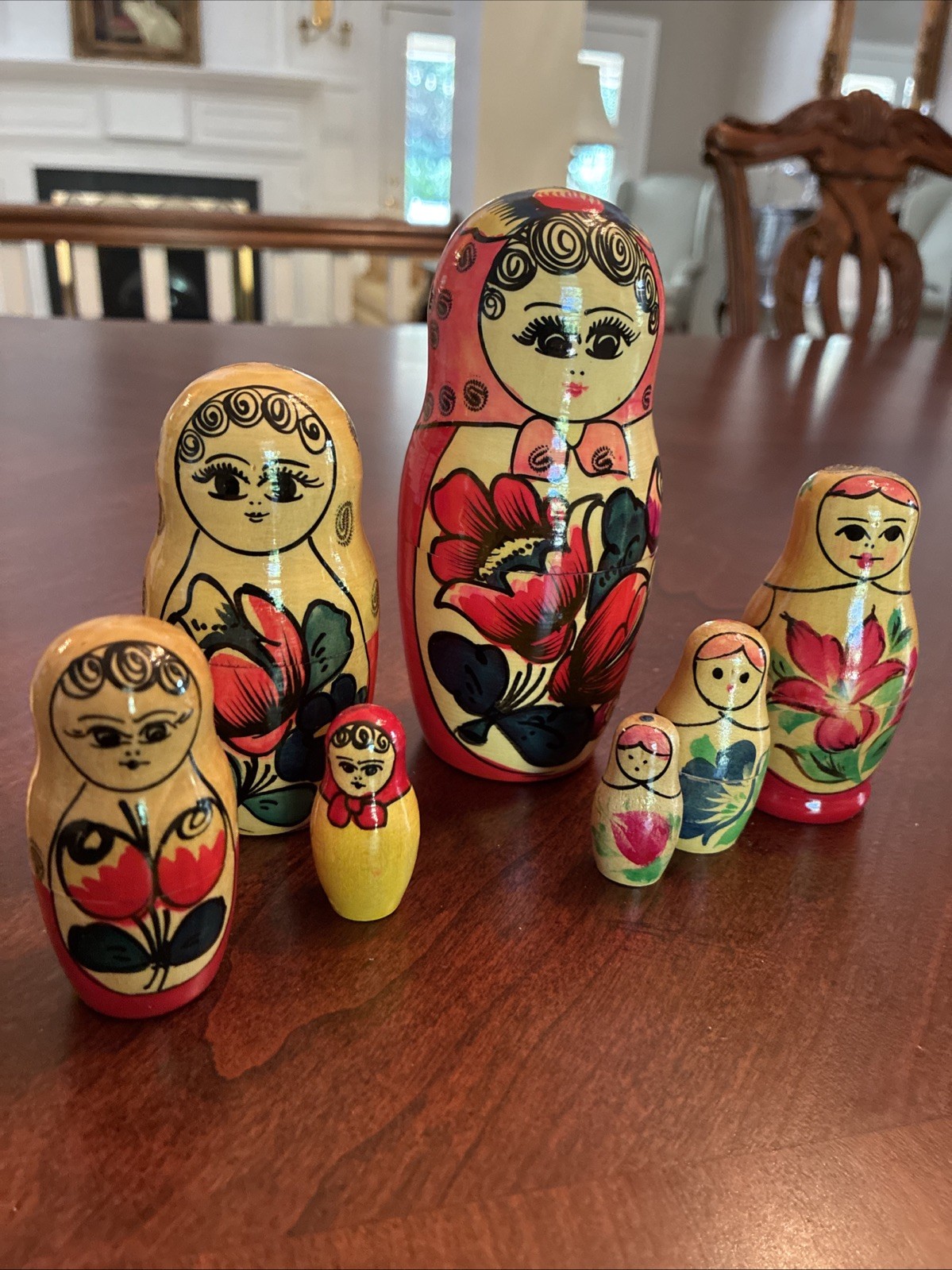 Vintage Soviet Russian Matryoshka Dolls 7 pc Set 1970s Floral Label