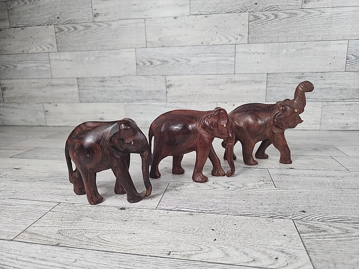 Vintage Hand Carved Wooden Elephants LOT Statue Figures