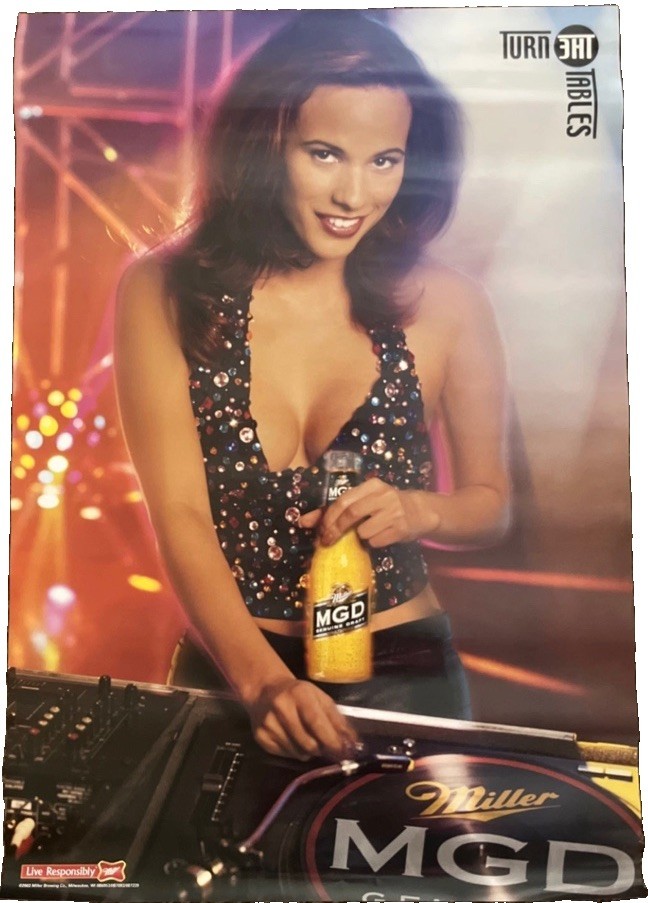 Vtg 2003 Sultry Brunette DJ Goddess Miller Draft Beer Poster “Turn The Tables”