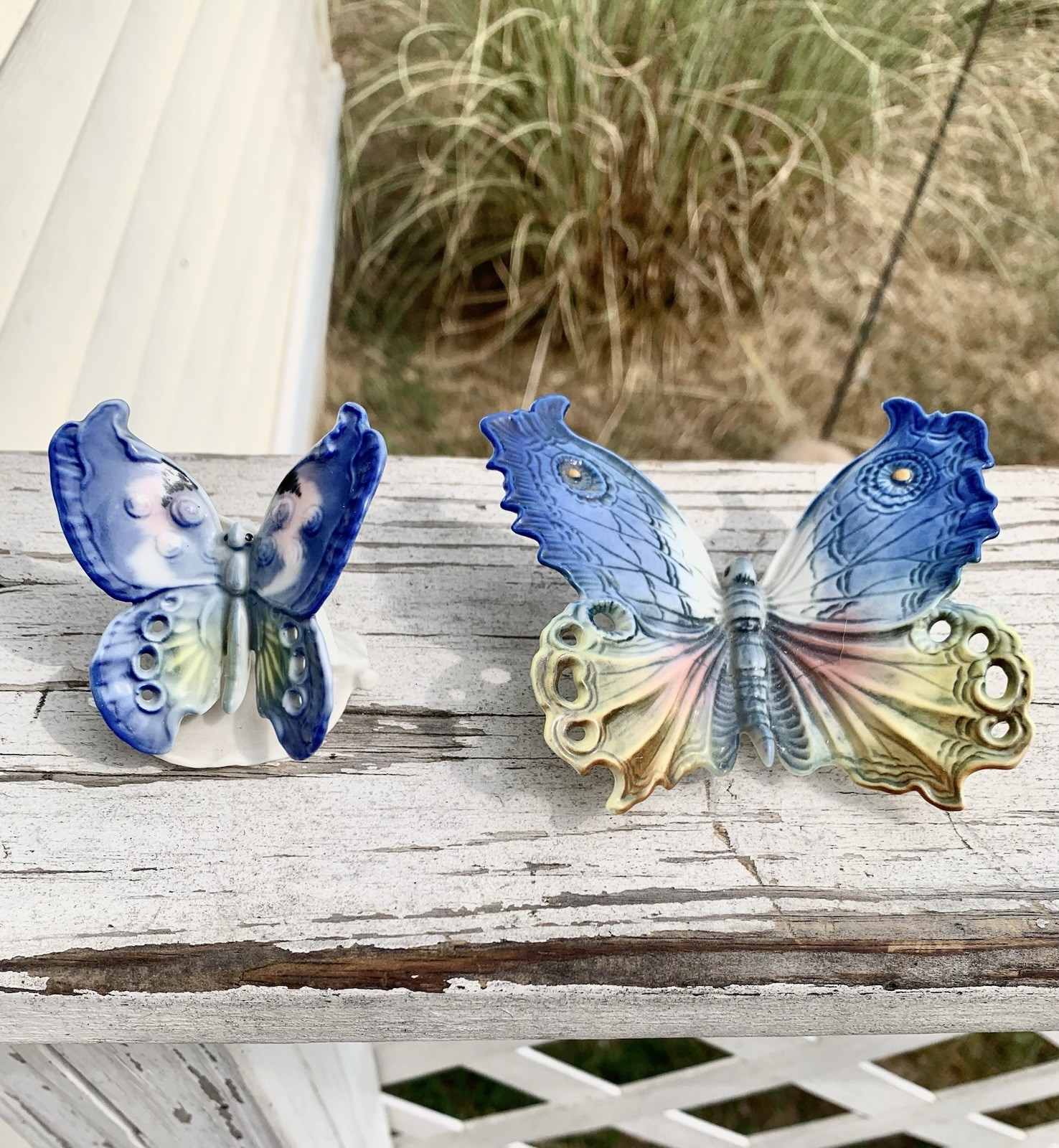 2 Antique Karl Ens Porcelain Butterflies Set Wall Plaque Germany Green Mark