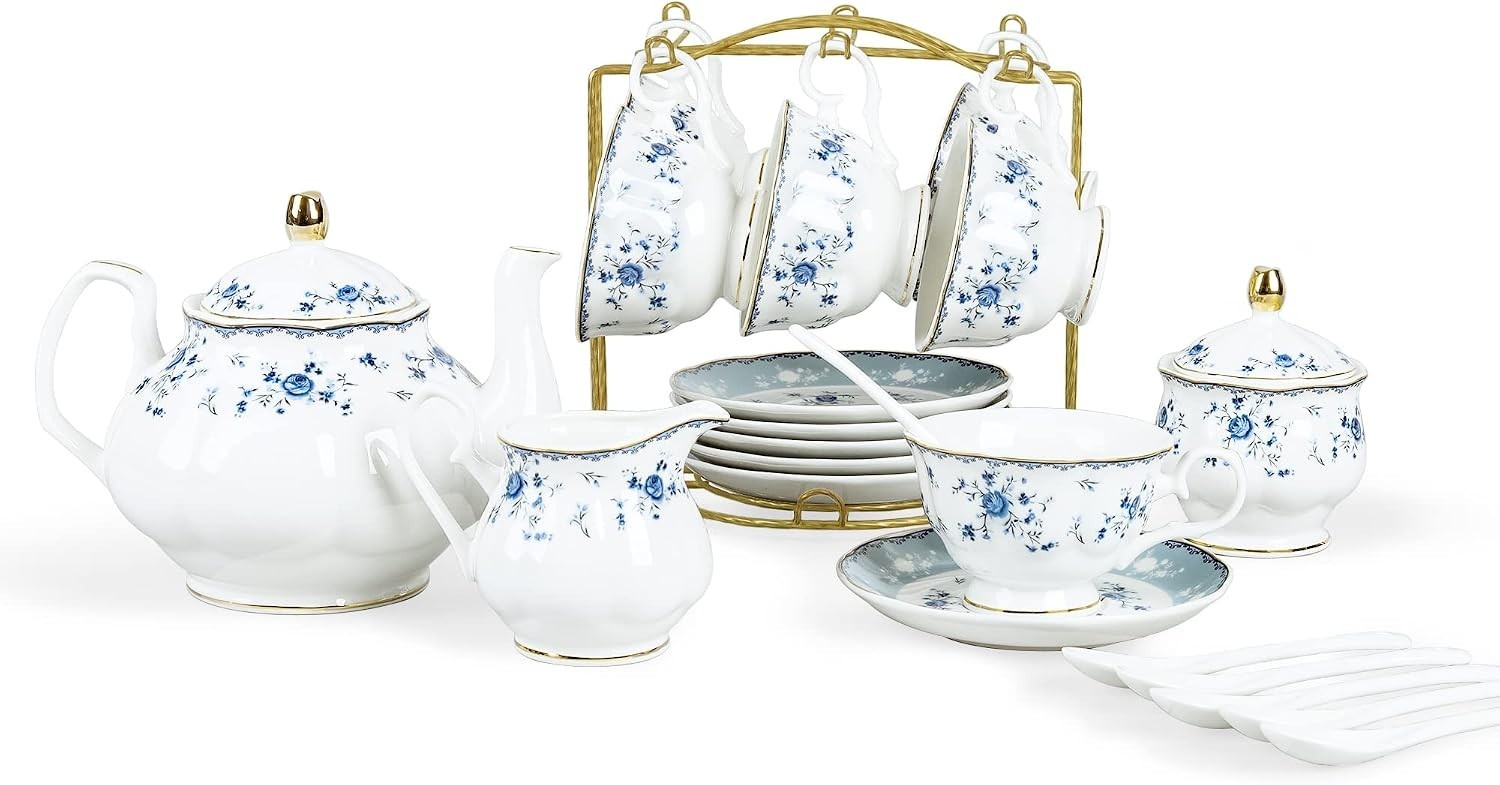 fanquare 15 Piece Blue Rose Porcelain Tea Set, British Floral Teapot with Tea...