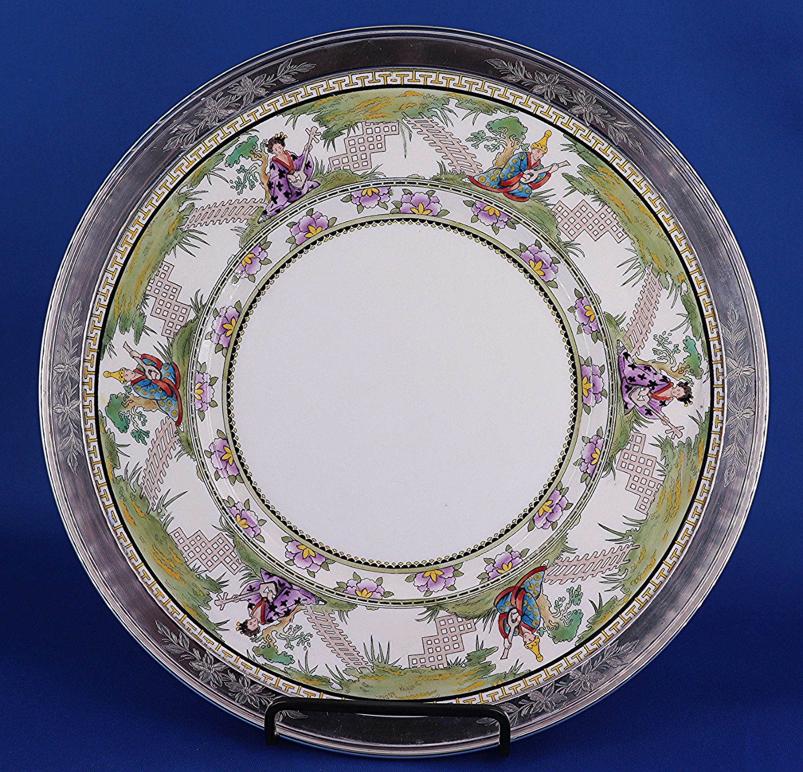 Vintage 11.25” Royal Doulton Plate E9724 Shreve & Co Sterling Silver Rim c. 1915