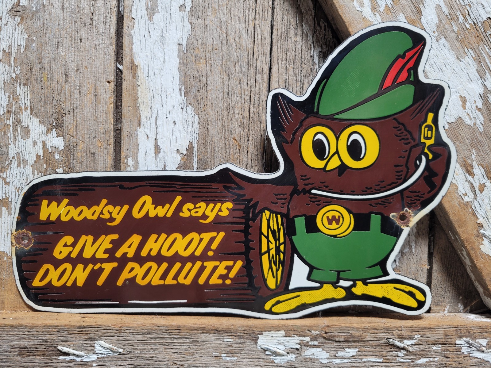 VINTAGE WOODSY OWL PORCELAIN SIGN OLD FOREST SERVICE PARK SMOKEY DONT POLLUTE