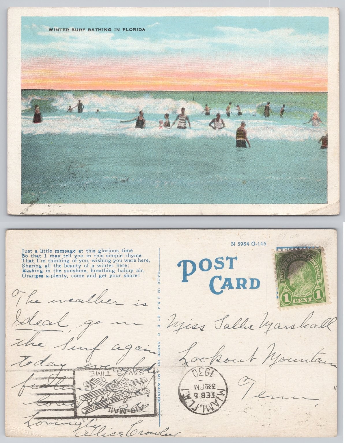 1930 Winter Surf Bathing Florida Postcard E. C. Kropp Co. Miami FL Postmark