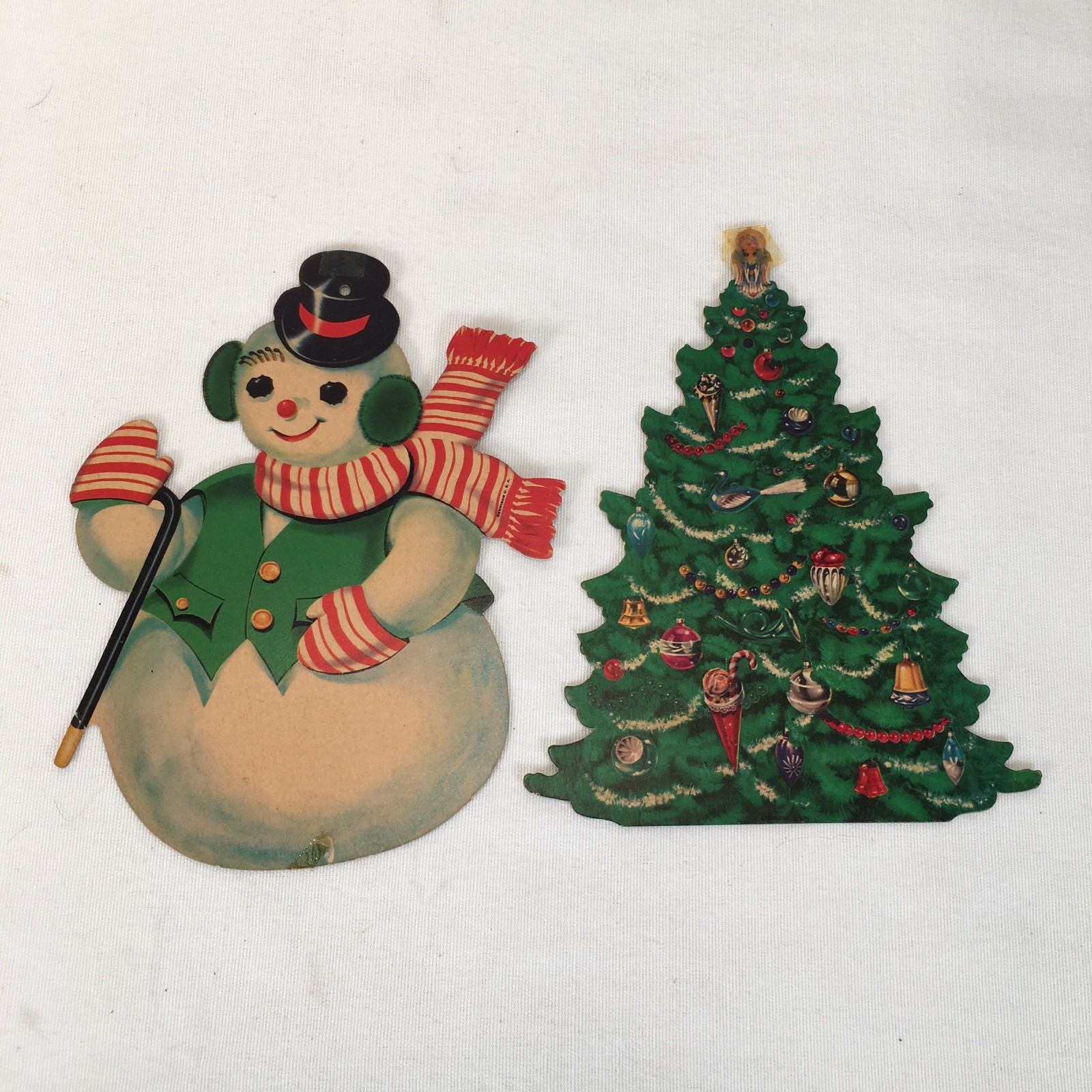 Vintage 1930s Dennison USA Diecut Christmas Snowman & Christmas Tree Wall Decor