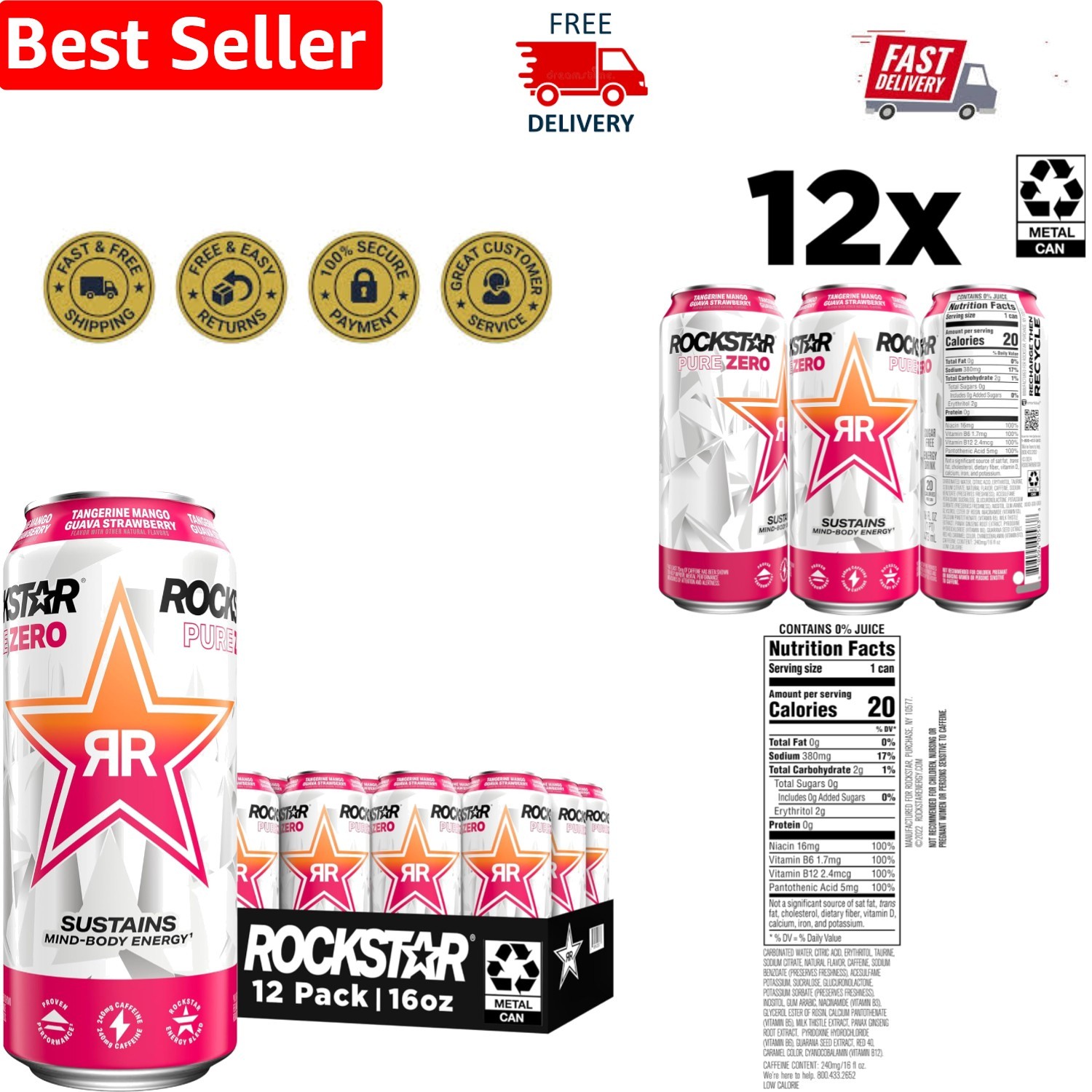 Rockstar Pure Zero Sugar Energy Drink, 12-Pack 16 Fl Oz - Bold Flavor Boost Rockstar Pure Zero Sugar Energy Drink, 12-Pack 16 Fl Oz - Bold Flavor Boost