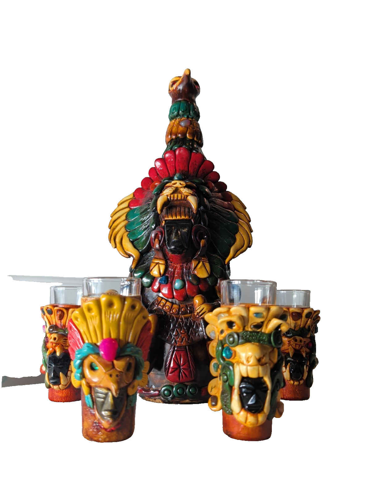 VTG 1987 Mexican Folk Art Terracotta Clay Tequila Decanter & Shot Set - Mexico