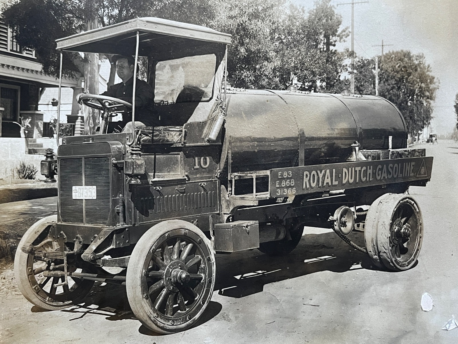 Vintage 1910s Royal Dutch Gasoline Tanker Truck Photo California License Plate