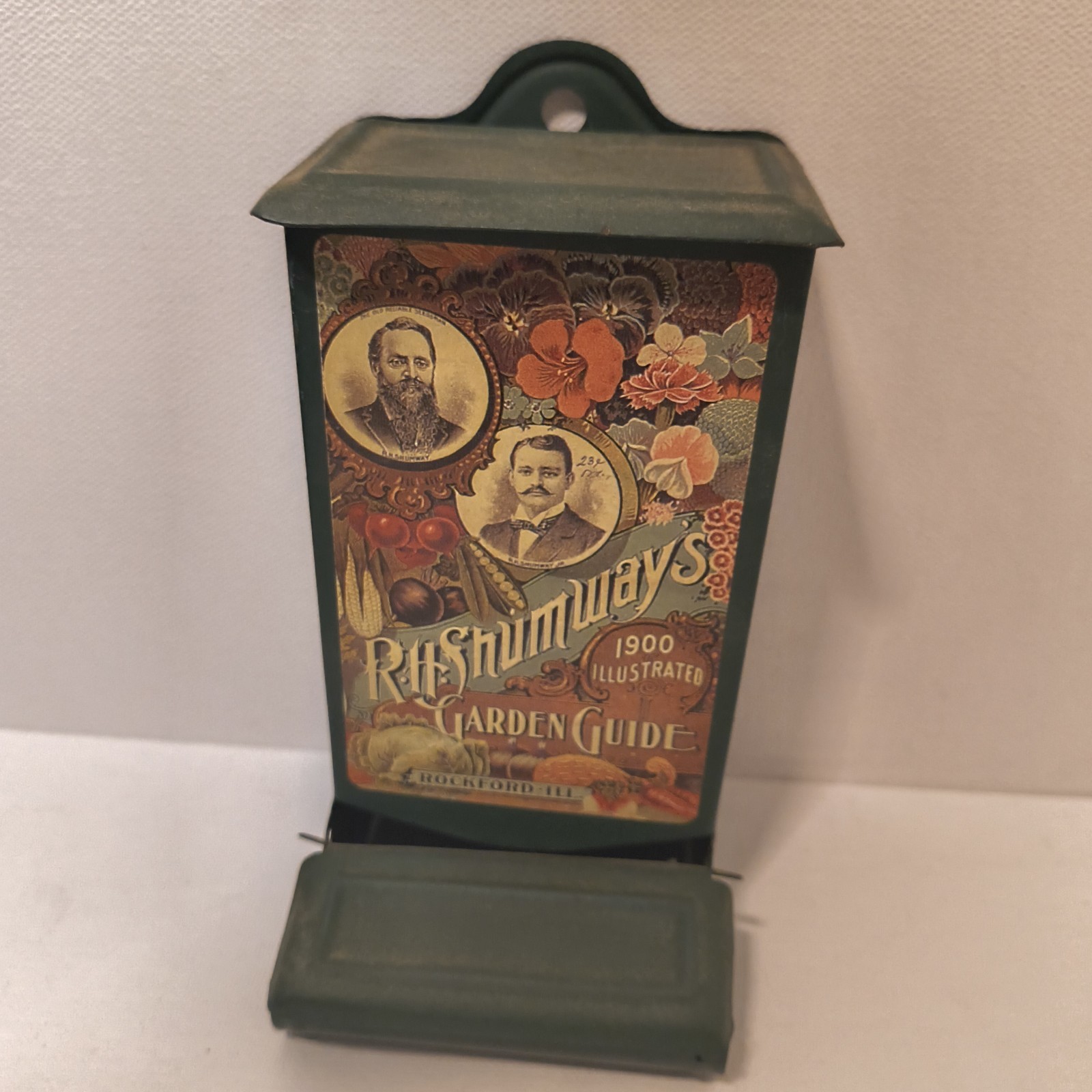 Vintage Green Tin Match Holder Advertising RH Shumways Garden Guide Illustrated