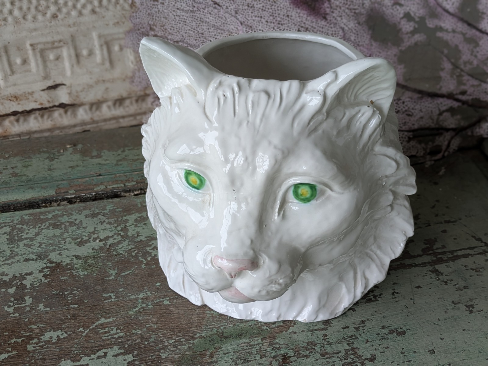 1960's Italian Majolica Cat Head Planter MId-Century White Ceramic Green Eyes