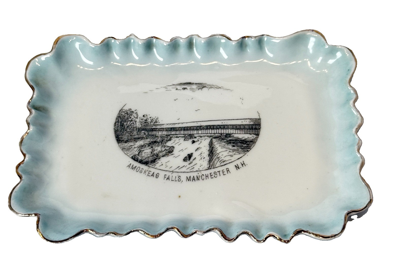 MANCHESTER NH NEW HAMPSHIRE ANTIQUE Souvenir AMOSKEAG Porcelain TRINKET DISH