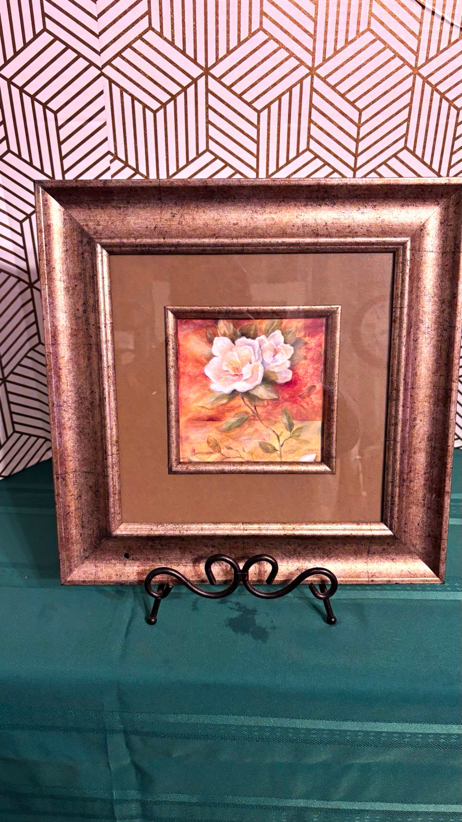 Vintage Framed Floral Art Print - Metallic Bronze Double Matted Frame 14\
