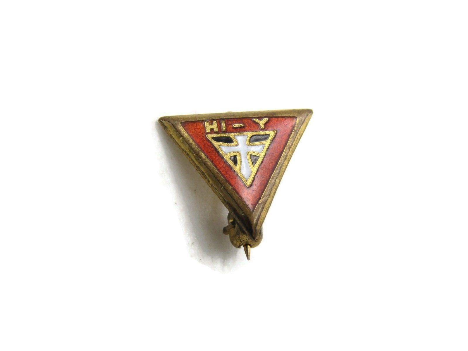 Vintage Hi-Y YMCA Club Lapel Pin Red Enamel Triangle Christian Cross Gold Tone