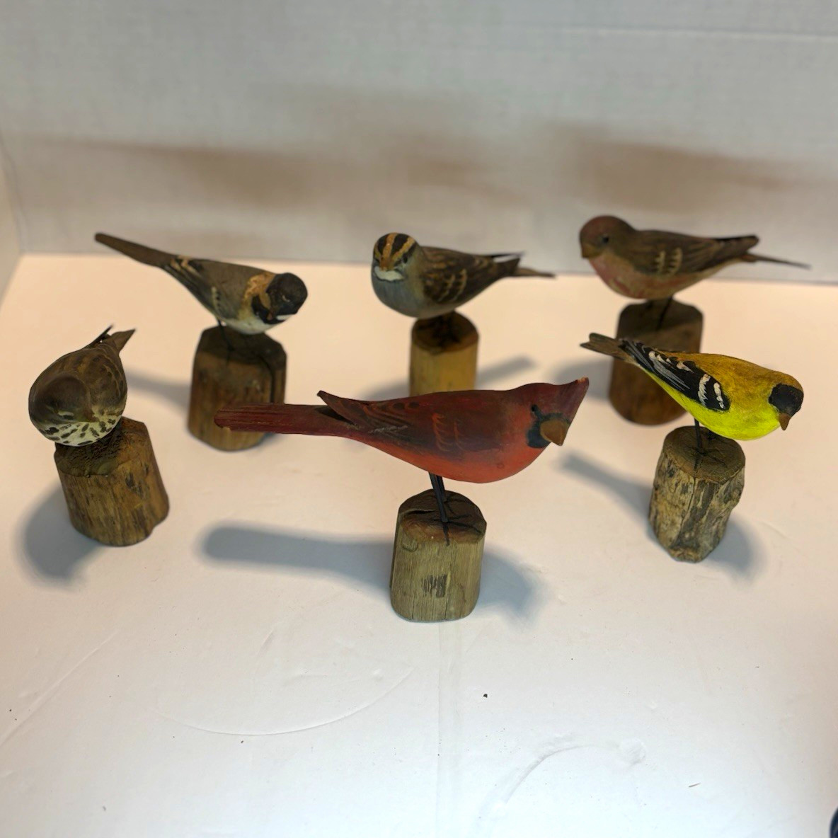 6 Vintage Peter Peltz Hand Carved Hand-Painted Wood Birds + Bonus Birds