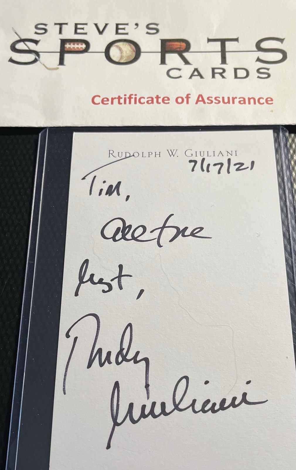 Mayor Rudy Giuliani New York Hand-Signed, Dated 4x6 Card w/ Top Loader & COA