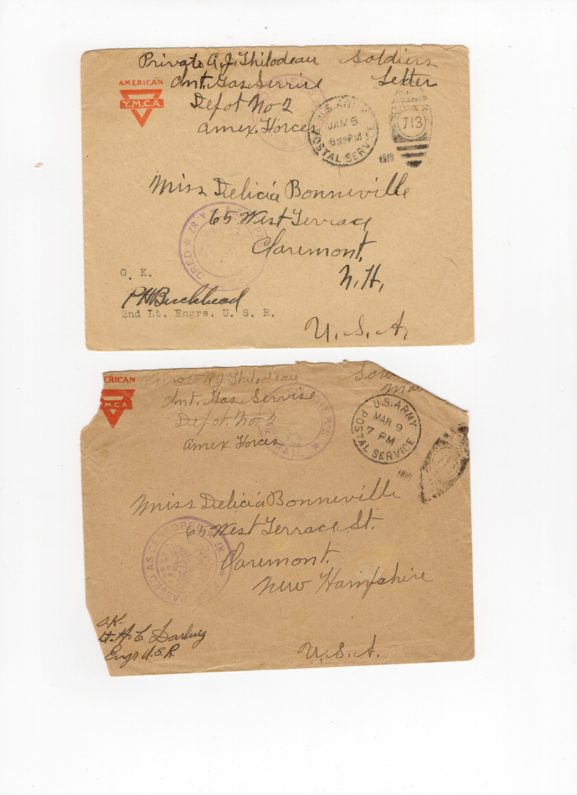 WWI AEF Anti-Gas Service Postal Covers Pair 1919 YMCA Envelopes Claremont NH