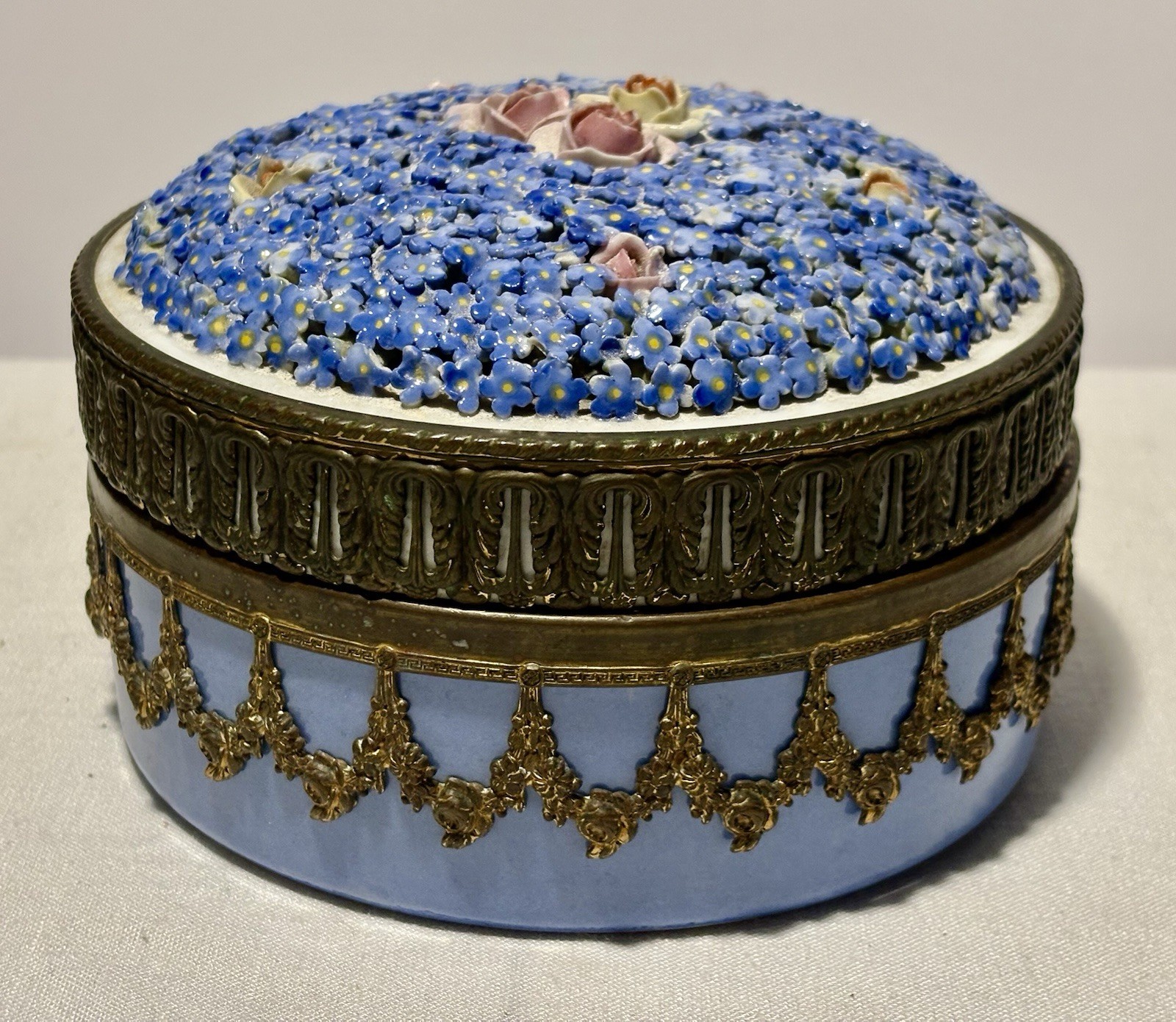 German ELFINWARE Large Dresser Vanity Powder Trinket Box w/Ormolu Bronze Mounts