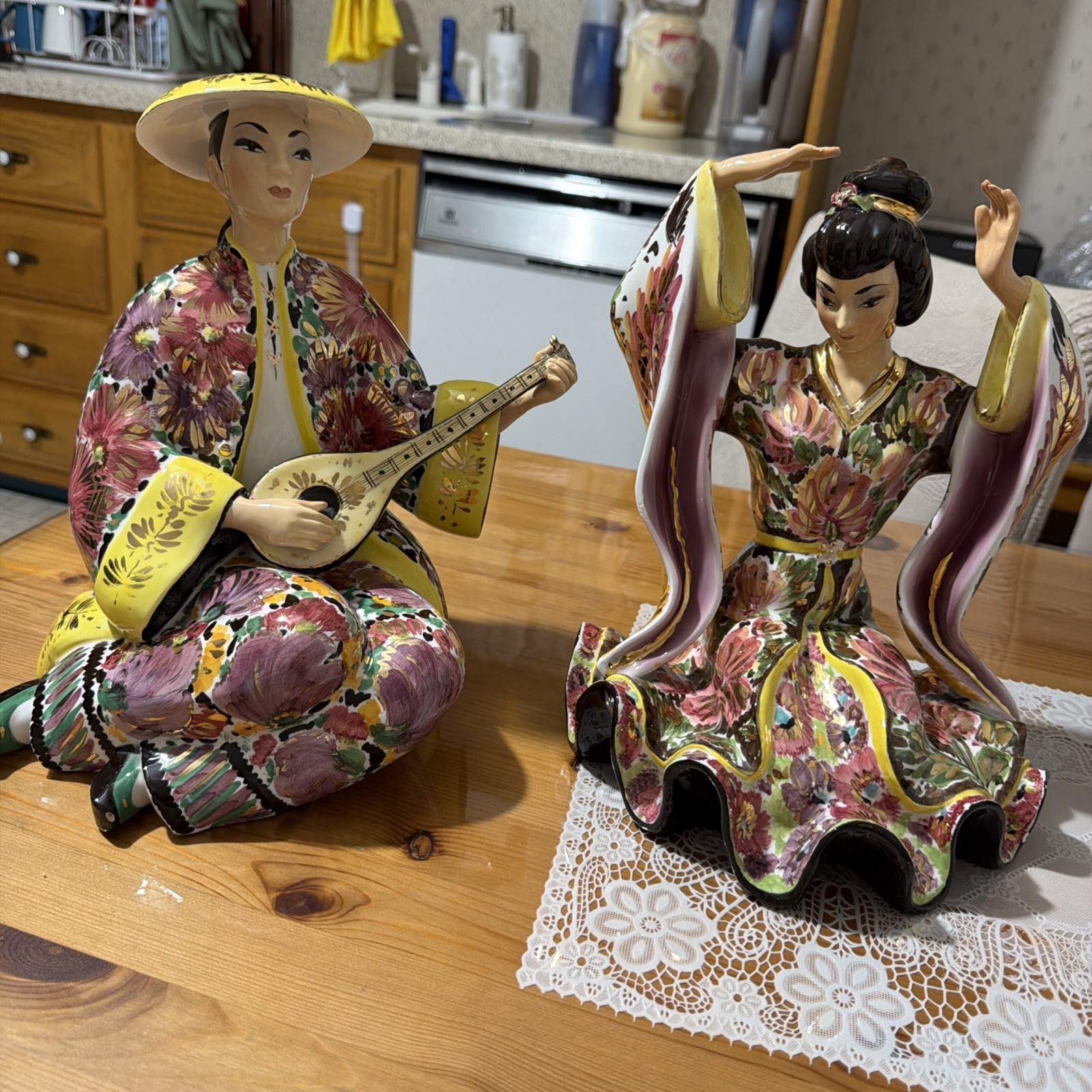 Vintage Asian Geisha Musician & Dancer Figurines Set Hand Painted Floral