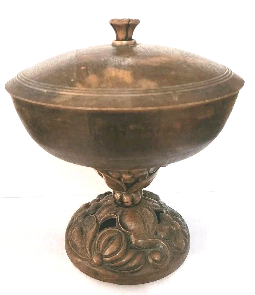 Vintage Footed Wood / Resin ? Candy Trinket Dish Etched Carved Floral w/ Lid