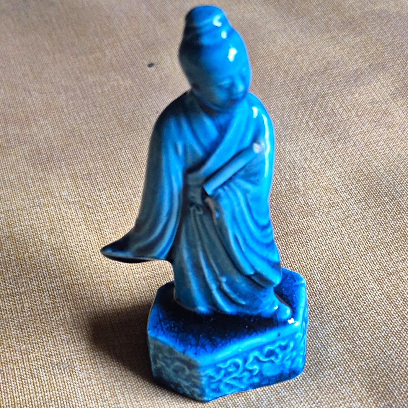 Blue Chinese Porcelain Figurine Statue on Patterned Base - Ownership History N/A